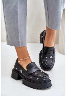 Skórzane Półbuty Damskie Z Ozdobami D&A MR880-102 Czarne