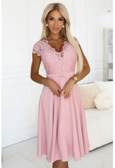 381-6 LINDA szyfonowa lekka sukienka z koronkowym dekoltem - BRUDNY RÓŻ