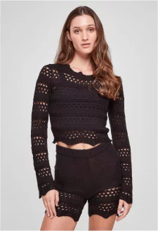 Ladies Cropped Crochet Knit Sweater black