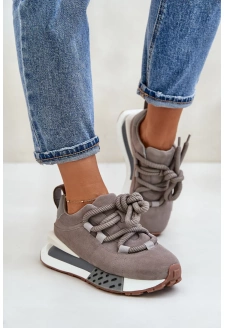 Zamszowe Sneakersy Damskie Na Platformie Z Grubym Sznurowaniem Artiker 54C1463 Szare