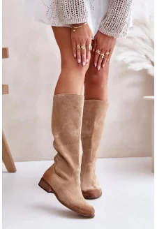 Zamszowe Kozaki Damskie Do Połowy Łydki Na Zamek Lewski 3616 Beżowe