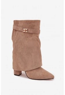 Ocieplane Botki Damskie Na Słupku Z Ozdobnym Paskiem Khaki Luvielle