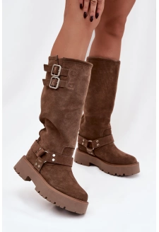 Skórzane Zamszowe Kozaki Damskie Z Klamrami Ocieplane Big Star OO274A182 Beżowe