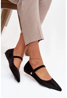 Aksamitne Baleriny Z Paskiem I Złotym Detalem Czarne Gisanne