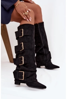 Kozaki Damskie Na Słupku Z Wywiniętą Cholewką I Złotymi Klamrami Eko Zamszowe Czarne Isavelle