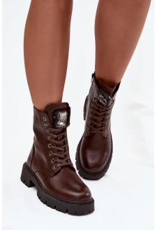 Botki Workery Damskie Z Ozdoba Eko Skórzane Czekoladowe Karessa