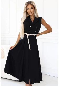 596-3 Elegancka szmizjerka midi ze złotymi guzikami i paskiem - CZARNA
