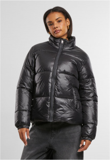 Ladies Recycled Short Shiny Puffer Jacket black