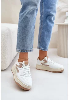 Damskie Sneakersy Z Eko Skóry Na Platformie Biało-Beżowe Henizore