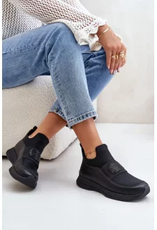 Buty Sportowe Na Platformie Skórzane Czarne Artiker 55C0035