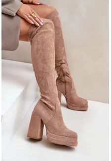 Kozaki Z Cholewką Za Kolano Na Słupku I Platformie Beżowe Nadelian