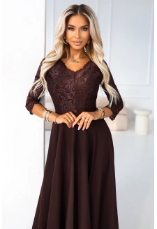 309-14 AMBER elegancka długa koronkowa suknia z dekoltem - czekolada