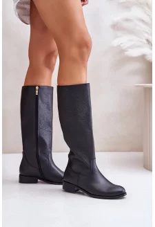 Skórzane Kozaki Damskie Do Połowy Łydki Na Zamek Lewski 3616 Czarne
