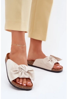 Klapki Damskie Na Korkowej Podeszwie Kokardką Beżowe Seressa