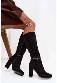 Kozaki Damskie Na Słupku Ze Złotą Klamrą Ocieplane Czarne Seraphine