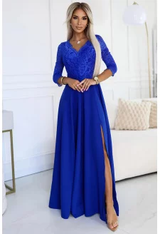 309-12 AMBER elegancka długa koronkowa suknia z dekoltem - kolor CHABROWY