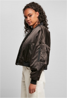 Ladies Short Oversized Satin Bomber Jacket black