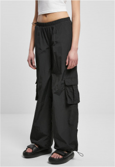 Ladies Wide Crinkle Nylon Cargo Pants black