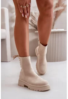 Zamszowe Botki Na Płaskim Obcasie Sznurowane Beżowe Lakyta