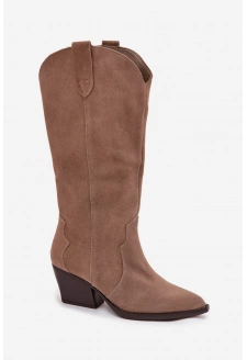 Skórzane Zamszowe Kozaki Kowbojki Damskie Ocieplane Khaki Urselle