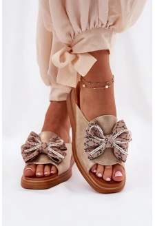 Klapki Damskie Na Koturnie Z Kokardą Złote Moonzella