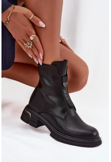 Botki Damskie Z Naturalnej Skóry Na Niskim Obcasie Czarne Karisse