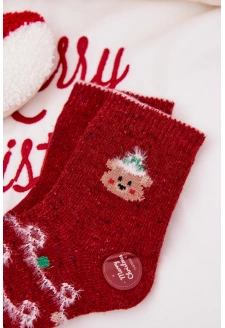 Dziecięce Świąteczne Skarpetki Z Misiem Wełna Alpaka Czerwone