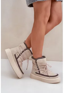 Śniegowce Damskie Z Haftem Na Platformie Jasnobeżowe Naleris
