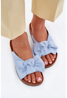 Klapki Damskie Na Korkowej Podeszwie Kokardką Niebieskie Seressa