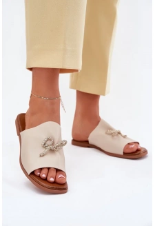 Klapki Damskie Na Płaskim Obcasie Z Ozdobnym Wiązaniem Beżowe Norela