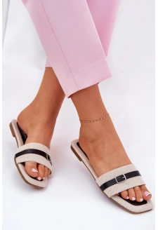 Płaskie Klapki Damskie Z Paskiem I Sprzączką Beżowo-Czarne Zilina