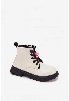 Ocieplane Botki Dziecięce Lakierowane Z Przypinką Miś Białe Jovellea
