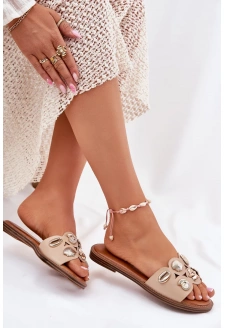 Klapki Damskie Na Płaskim Obcasie Ze Złotymi Przypinkami Beżowe Nalothiel