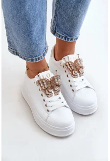 Sneakersy Damskie Na Platformie Z Motylem Biało-Złote Naritevia