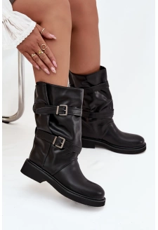 Marszczone Kozaki Damskie Do Połowy Łyski Z Paskami I Klamrami Czarne Halvessa