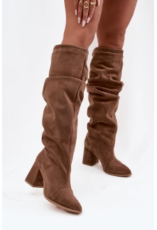 Marszczone Kozaki Z Naturalnego Zamszu Na Słupku Ocieplane Zazoo 4228 Jasnobrązowe