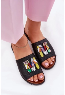Klapki Damskie Na Płaskim Obcasie Z Ozdobą Czarne Clelione