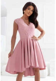 300-7 PATRICIA elegancka sukienka z dłuższym tyłem i koronkowym dekoltem - BRUDNY RÓŻ