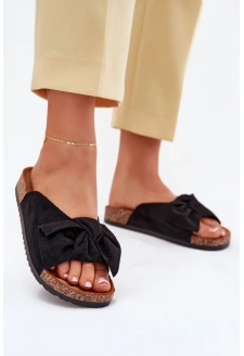 Klapki Damskie Na Korkowej Podeszwie Kokardką Czarne Seressa