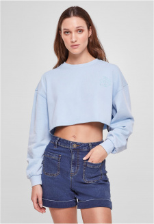 Ladies Cropped Flower Embroidery Terry Crewneck balticblue